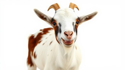 Wall Mural - Goat with distinctive markings smiles playfully in bright studio setting, showcasing its adorable personality and charm