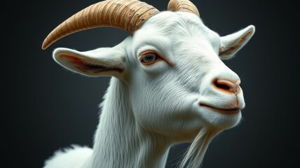 Wall Mural - Goat with impressive horns displays a calm expression against a dark background