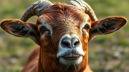 Wall Mural - Close-up view of a curious goat with prominent horns grazing in a lush green field during daylight