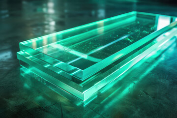 Wall Mural - close up horizontal abstract illustration of glowing green transparent geometric layers