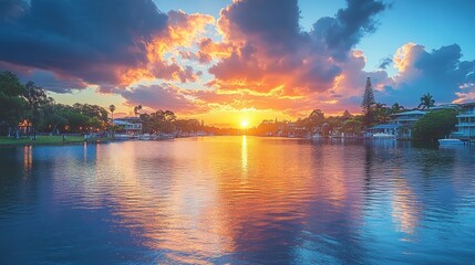 Wall Mural - Serene Sunset Over Tranquil River with Colorful Cloudy Sky