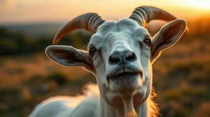 Wall Mural - Goat looking at sunset in natural setting with warm colors