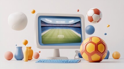 Futbol Game on Retro PC: A 3D Render of a Classic Computer Displaying a Soccer Match, Surrounded by Colorful Abstract Elements