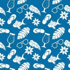 Aufkleber - Summer pattern of fish, glasses, tropical leaves, flip-flops, juicy drinks. Blue background and silhouettes on a beach theme.