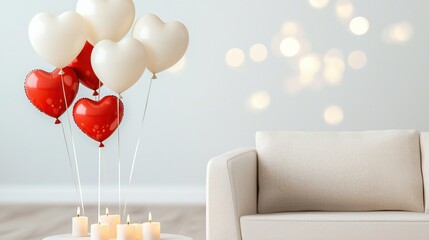 Canvas Print - Heart balloons in a romantic Valentine's Day home setting concept. Decorative heart balloons and candles by a cozy sofa in a bright setting