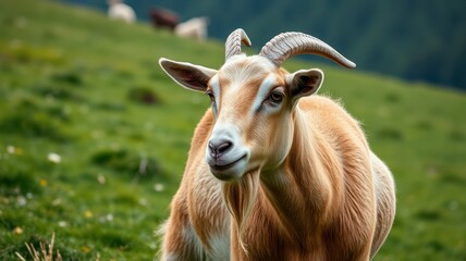 Wall Mural - Goat grazing peacefully on a grassy hill during a sunny day in a tranquil landscape