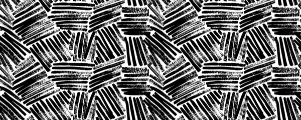 Poster - Weave seamless pattern with textured brush strokes. Abstract geometric simple textile print. Hand drawn vector rough background. Straight line vector brush strokes. Intricate hand drawn texture.