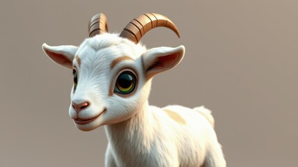 Wall Mural - Cute animated goat character with large eyes and playful expression in a light neutral background
