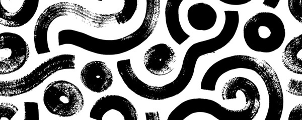 Aufkleber - Grunge geometric seamless pattern with rough bold curved brush strokes and circles.