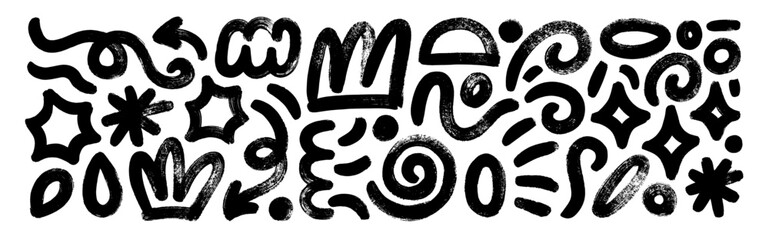 Poster - Bold brush drawn spirals and squiggles collection with funky geometric elements. Primitive geometric forms and figures with dry rough texture. Punk or grunge style various vector icons.