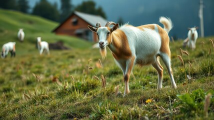 Wall Mural - Goat roaming freely in a lush green meadow with distant mountains and a rustic cabin in the background during daytime