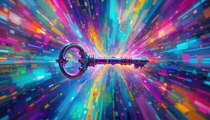 Wall Mural - A mesmerizing key floats amidst a burst of colors, symbolizing access to fantastic adventures and digital landscapes. The vivid hues evoke a sense of wonder and exploration