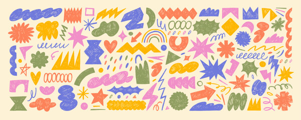 Fototapete - Collection of funky doodle childish style figures and geometric shapes drawn by colored crayon.