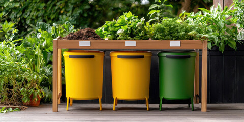 Wall Mural - Sustainable Living Organic composting concept, Sustainable gardening setup with colorful bins and lush greenery on a wooden table.