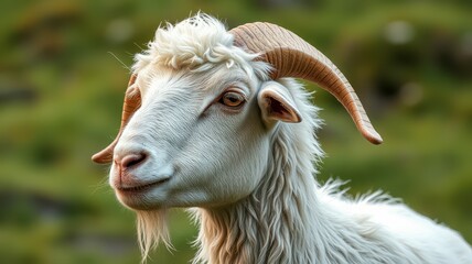 Wall Mural - Close-up of a white goat with curved horns against a green natural background in a rural setting during daytime