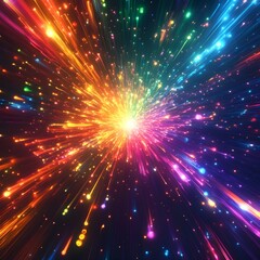 Wall Mural - A digital explosion of rainbow light beams radiating outward. 