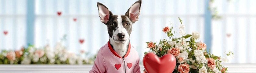 Wall Mural - Dog in a Valentine’s costume concept. Cute dog in pink outfit with heart, surrounded by flowers