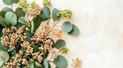 Wall Mural - Eucalyptus branches and buds arranged on textured background, creating a floral border for design projects.