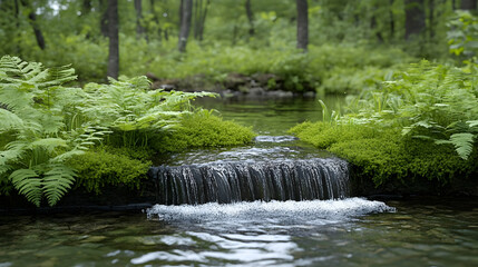 Poster - Serene Forest Stream with Gentle Waterfall Surrounded by Lush Green Ferns and Vegetation