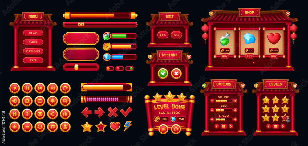 Chinese game interface, gui buttons and frames asset. Cartoon vector ...