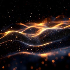 Wall Mural - A digital wave of tiny glowing particles in motion on a deep black canvas.
