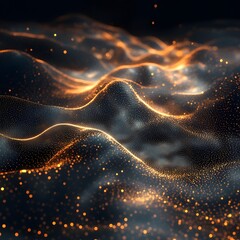 Wall Mural - A digital wave of tiny glowing particles in motion on a deep black canvas.