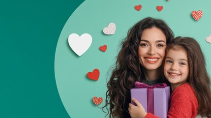 Wall Mural - A woman with long, dark, curly hair and her daughter, hugging each other against the background of a green paper in a round frame.