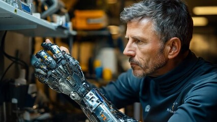 Aufkleber - A focused engineer inspects a cutting-edge robotic prosthetic arm in a well-equipped lab, highlighting the intersection of technology and healthcare.