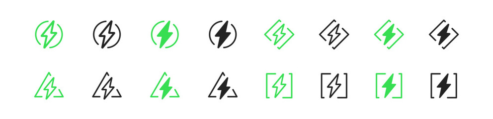 Wall Mural - green outline lightning charge icon set. thunder flash symbol in line triangle, rhombus, square, cir