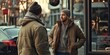 © StockUp - Two men chatting on a bustling city street, capturing a moment of connection and camaraderie.