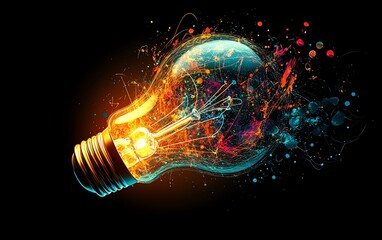 a bright lightbulb emitting light, with abstract shapes and symbols swirling around, symbolizing the