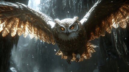 Wall Mural - Majestic owl in flight, snowy cave, fantasy