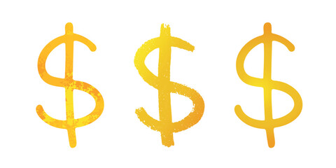 Hand drawn dollar Gold currency symbol set Brush stroke doodle Single element for design