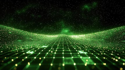 Wall Mural - Abstract Green Network: Futuristic Digital Space, Glowing Nodes and Lines, Cosmic Background, Cyber Art, Technology, Science, Innovation, Connection, Grid, Pattern, Design