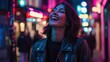 © Alex - Happy woman smiling in a colorful urban street, illuminated by neon lights and vibrant nightlife.