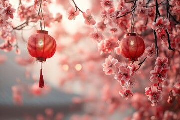 Wall Mural - Red chinese lanterns hanging from cherry blossom tree at sunset
