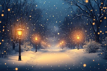 Wall Mural - snow falling on path lit by street lamps in winter park