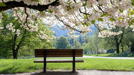 serene park scene featuring wooden bench under blooming cherry blossoms