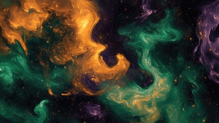Wall Mural - a cosmic-themed background with swirling green, orange, and purple nebula-like patterns, evoking a s