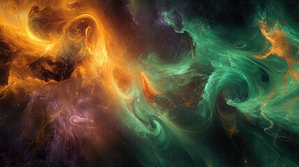 Wall Mural - a cosmic-themed background with swirling green, orange, and purple nebula-like patterns, evoking a s