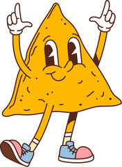 Wall Mural - Cartoon groovy fast food nachos chip character. Mexican fast food salty snack happy smiling isolated cartoon personage. Tex Mex cuisine cafe triangular nacho corn chip 60s 70s groovy vector character