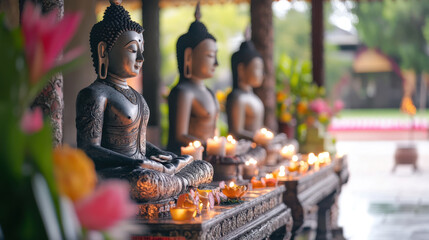 Serene Buddha statues with candles in temple.