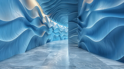 Wall Mural - futuristic blue wave-inspired architectural hallway..
