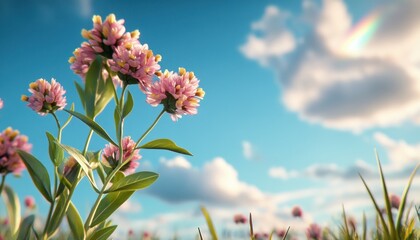 Canvas Print - A vibrant green meadow covered in wildflowers, with a rainbow stretching across a clear sky after the rain, a captivating scene of nature's beauty This lush meadow, bursting with life, showcases a