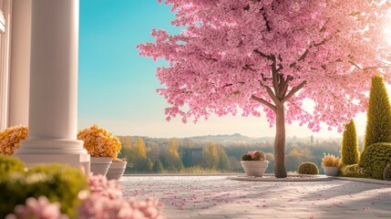 Poster - Capture the timeless beauty of a serene garden with an elegant cherry blossom tree standing at its heart, petals softly scattered Experience the breathtaking view of pink blossoms, under a clear sky