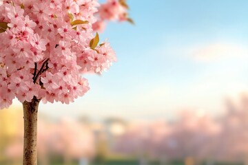 Poster - Discover the serene beauty of a soft and delicate cherry blossom landscape, with a lone tree standing elegantly against a misty morning backdrop, this image captures the tranquil essence of spring