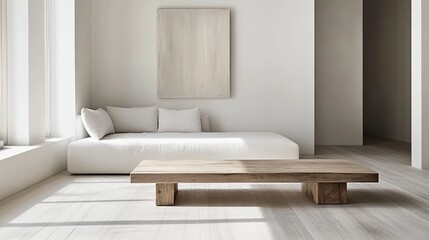 Wall Mural - Minimalist living room with wooden coffee table, sunlight, white sofa, and artwork.