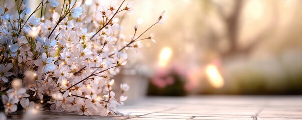 Canvas Print - Experience the beauty of spring with this image of a cobblestone path lined with spring flowers, their blossoms alive with movement from the breeze Delicate white blossoms and warm bokeh are arranged