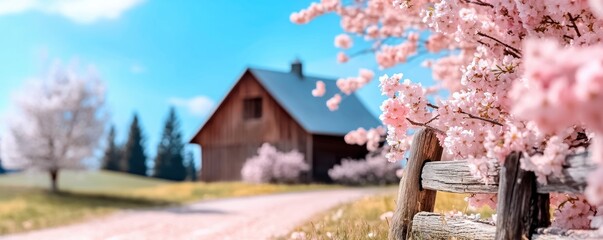 Experience the serene beauty of a rural spring landscape with a vibrant mix of cherry blossoms painting the countryside Rustic barns stand as timeless sentinels amidst peaceful walking trails