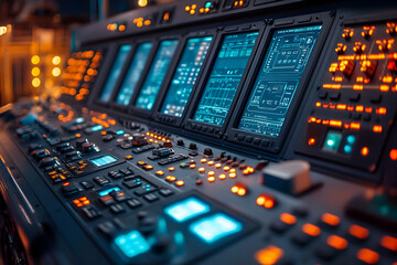 Close-up view of a complex technological control panel with illuminated buttons and digital displays, showcasing intricate details and a futuristic ae